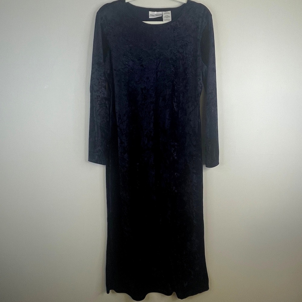 Vintage Crushed Velvet Maxi Dress Medium Purple Shift Stretch Long Sleeve Party